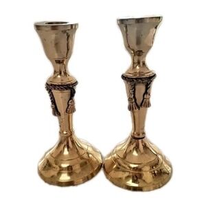 Set Of 2 VTG 1970s Hollywood Regency Solid Brass Tassel Rope Taper Candle Holder